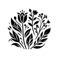 A stylized, minimalist black and white floral arrangement, featuring varied leaf shapes, buds, and a central, prominent flower, all arranged in a circular pattern against a pristine white backdrop. vector