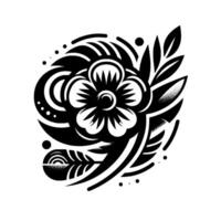 Intricate Black and White Floral with Geometric Abstraction, featuring Stippling and Leafy Elements on a Pristine White Background. vector