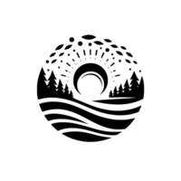 Circular Black and White Illustration Crescent Sun Radiating Above Forest and Wavy Landscape within a Decorative Border on White Background vector