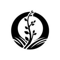 Monochromatic Illustration of a Growing Plant Inside a Circular Frame, Emerging from Grasslike Patterns, Symbolizing Growth and Nature. vector