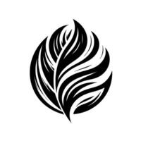 Abstract black and white of a leaf or feather composed of curved, layered stripes within a circular shape, contrasting against a clean white backdrop. vector