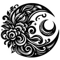 Intricate Black and White Crescent Moon Illustration with Floral Elements and Celestial Accents in Decorative, Ornamental Style. vector