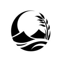 A stylized, minimalist emblem featuring a crescent moon, mountains, and wheat, all contained within a circular frame, symbolizing harmony and nature. vector
