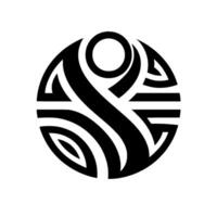 Abstract black and white circular design, composed of geometric shapes, with a central figure and curved lines against a blank white background. vector