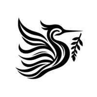 Elegant Monochrome Bird with Stylized Feathers and Branch, Depicting Peace and Serenity, Set Against White Background. vector
