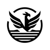 A stylized black and white emblem featuring a phoenix with outstretched wings rising over a stylized landscape, enclosed in a circle. vector