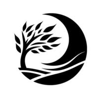 A stylized black and white illustration showcasing a tree within a crescent moon, with flowing lines suggesting terrain. vector