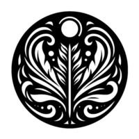 Black and white symmetrical inside a circle, resembling a stylized tree with flowing, ornate leaf shapes, with a sunlike element at the top. vector