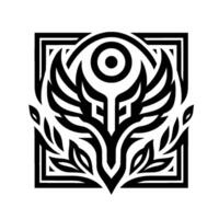 Elegant black and white symmetrical emblem depicting stylized wings, foliage, and a central sunlike element within a square frame, evoking a sense of balance and nature. vector