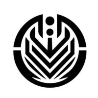 Abstract Black White Geometric Emblem Featuring Circle, VShape, and Two Dots, Minimalist on White. vector