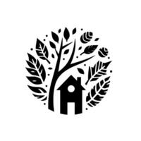 Black and white minimalist of a house, tree, and leaves within a circle, representing nature and home. vector