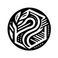 Abstract Black and White Geometric Botanical Within a Circle, Featuring Stylized Leaves, Lines, Dots, and Architectural Shapes. vector