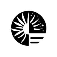 A symmetrical monochrome depicting a celestial lightbulb its one half representing the daytime sun and the other half the night sky with stars and parallel lines resembling a bulbs base. vector