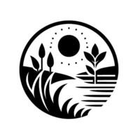 Minimalist Black and White Circular Landscape Sun, Trees, Water, and Foliage Forming a Serene, Stylized Nature Scene. vector