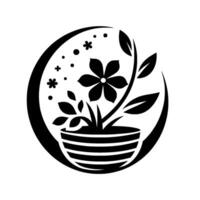 An elegant black and white illustration showcasing a stylized floral arrangement within a striped pot, enclosed in a simple oval frame with decorative elements. vector