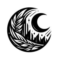 A circular monochrome illustration featuring a crescent moon, stylized cityscape, botanical elements, and stars, within a dark, elegant aesthetic. vector