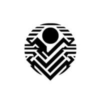 Abstract geometric emblem featuring a black circle atop a chevron of interconnected lines, framed within a circular array of parallel stripes, set against a pristine white background. vector