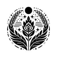 Elegant monochrome botanical illustration within a circle. Features stylized plant, star, and celestial elements like a sun, and foliage, forming a balanced composition. vector