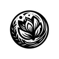 A symmetrical, monochrome floral mandala design, showcasing a central lotuslike arrangement encircled by stylized leaves and a dot pattern, all contained within a circular frame on white. vector
