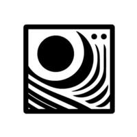 A stark minimalist featuring a black circular sun and crescent moon elements, stylized against a white backdrop inside a square frame. vector
