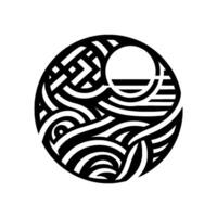 Abstract black and white circular featuring flowing lines, geometric shapes, and a minimalist depiction of the sun and ocean, evoking serenity. vector