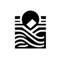 Abstract black and white geometric with a stylized sunmoon, diamond, and waterwaves elements in a square. vector