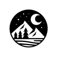 A stylized black and white illustration of a mountain range with pine trees, a crescent moon, and stars enclosed within a circular frame, evoking a sense of night in nature. vector