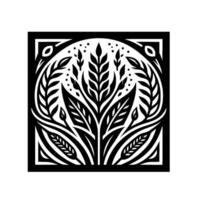 Intricate Black and White Botanical Featuring Stylized Plants within a Square and Circular Frame, Emphasizing Symmetry and Organic Forms. vector