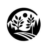 A minimalist, monochromatic emblem depicting a stylized landscape within a circle, featuring trees, mountains, a sun, and a field, conveying tranquility and natural beauty. vector