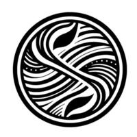 A symmetrical black and white graphic, with a circular frame, intricate curved lines, two leaflike forms, and dotted accents within a flowing, abstract composition. vector