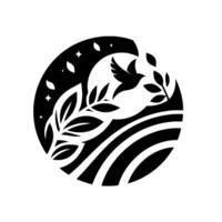 A monochrome circular emblem depicting a dove in flight, framed by olive branches, night sky, and stylized fields, symbolizing peace and natures harmony. vector