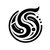 A stylized, abstract featuring a flowing, curving S shape within a circular frame, with contrasting black and white elements and scattered dot accents. vector