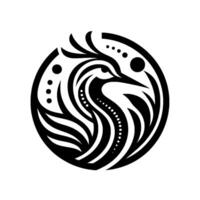 A stylized, minimalist black and white illustration of a bird in a circular frame, featuring flowing lines and dot accents, evoking nature. vector