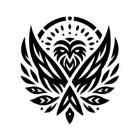 A symmetrical, stylized black and white owl logo, with an intricate feather and leaf radiating from its central form, framed by a circular border. vector