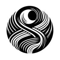 Black and white intricate composition featuring a spherelike structure woven with curving, parallel lines, resembling a stylized eye or swirling energy. vector