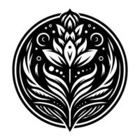 Intricate Black and White Floral Mandala Design, Circular Composition with Abstract Lotus Blossom, Celestial Accents, and Geometric Detailing. vector