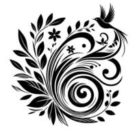 Elegant Black and White Decorative Design A stylized composition featuring a bird in flight intertwined with floral elements and swirling patterns against a clean white backdrop. vector