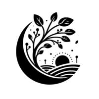 Stylized Monochrome Illustration A crescent shape cradles a tree with leaves and berries, a stylized landscape with sun, and a serene minimalist composition. vector