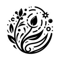 Minimalist Botanical Black and White Composed Within a Circle, Featuring Leaves, Berries, and a Bud with Embellishments. vector