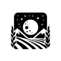 A serene nightscape featuring a stylized mountain range and a full moon illuminating a rural landscape, all within a clean, minimalist black and white design, flanked by wheat. vector