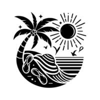 Monochrome Beach Scene Palm tree, sun, ocean, birds, and flipflops in a minimalist black and white design, evoking a sense of relaxation and summer. vector