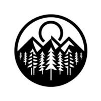 Monochromatic Mountain Vista A circular emblem featuring silhouetted trees, peaks, and sun, evoking a sense of wilderness and adventure. vector
