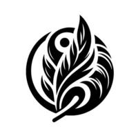 Intricate Black and White TattooStyle of a Feather with Curving Lines and a Central Dot, Encased Within a Circular Frame on a White Background. vector