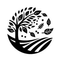 A monochrome circular featuring a stylized tree with falling leaves, field lines, and scattered dots, symbolizing growth and nature. vector