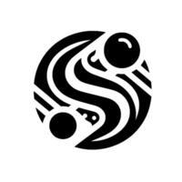 Abstract black and white circular featuring swirling lines, spheres, and geometric shapes, creating a dynamic and modern composition. vector