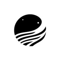 A minimalist black and white depicting a stylized whale or sea creature, with wavelike lines and two small white circles suggesting eyes, against a white backdrop. vector