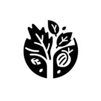 Abstract Black and White Featuring a Stylized Tree with Leaves and Fruit, Enclosed within a Circular Shape. vector