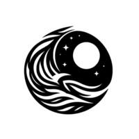 Serene Celestial YinYang Black White Emblem Featuring Moon, Stars, and Flowing Abstract Forms, Evoking Harmony Nighttime Serenity. vector