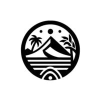 Minimalist Desert Oasis A Black and White Circular Emblem Featuring Palm Trees, Mountains, Sun, and Geometric Water Elements. vector