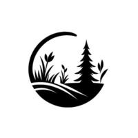 Silhouette of a forest scene within a circle, featuring a pine tree, grassy terrain, and leaves, black and white. vector